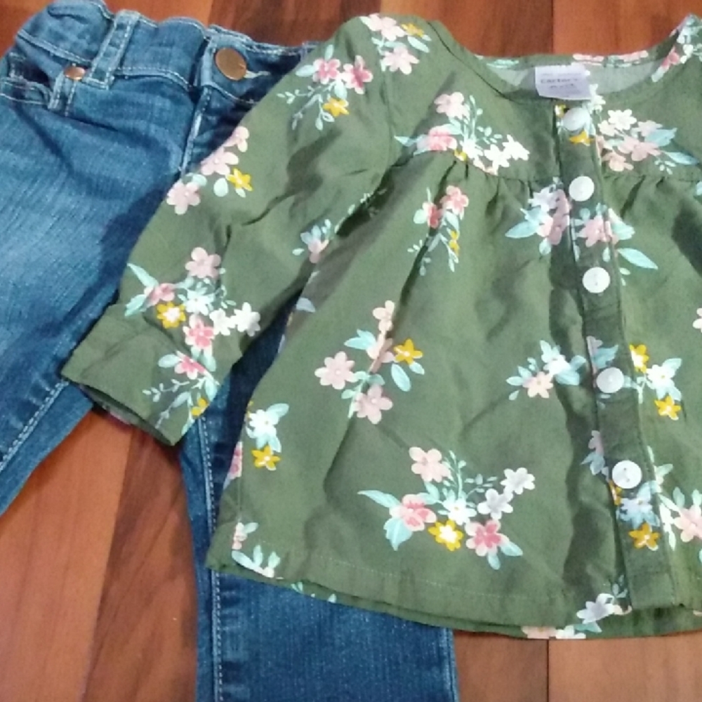 Carter's 6 Months Baby Girl Outfit, Long Sleeve Floral Blouse & Skinny Jeans Set